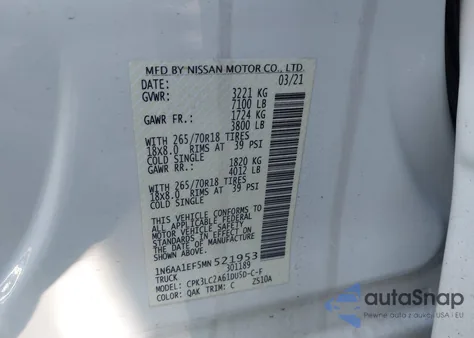 2021 Nissan Titan Sv 4X2 from USA, damaged, VIN 1N6AA1EF5MN521953